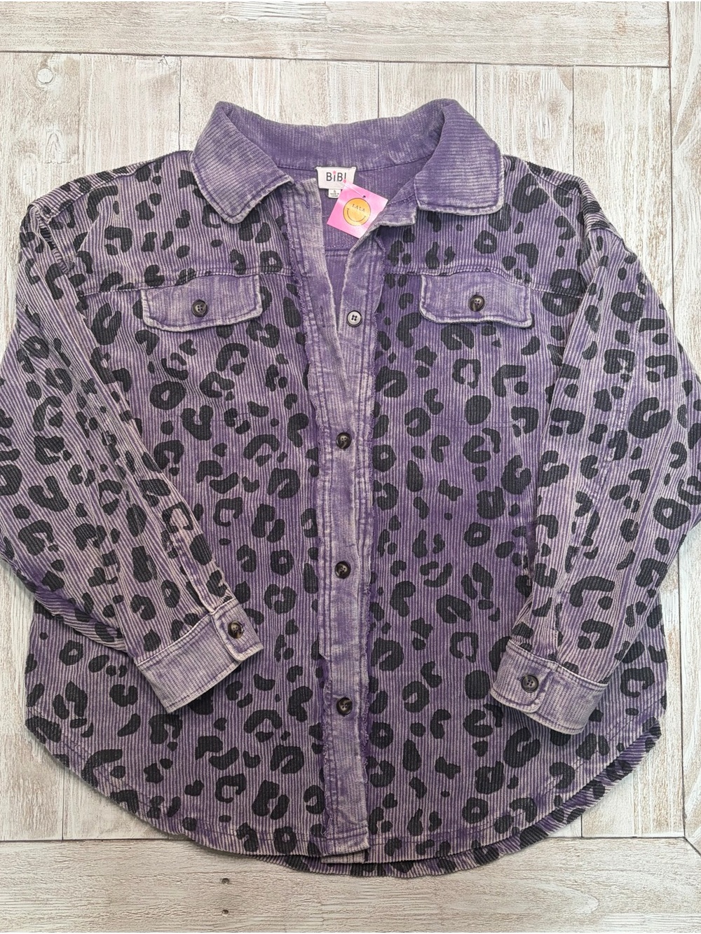 Dressed in Lala Purple Corduroy Button-Down with Black Leopard Print by BiBi